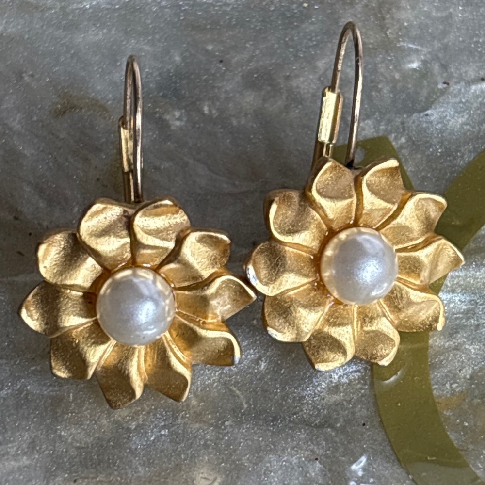 Anne Klein Vintage Gold Tone Flower Faux Pearl Leverback Earrings AK Signed